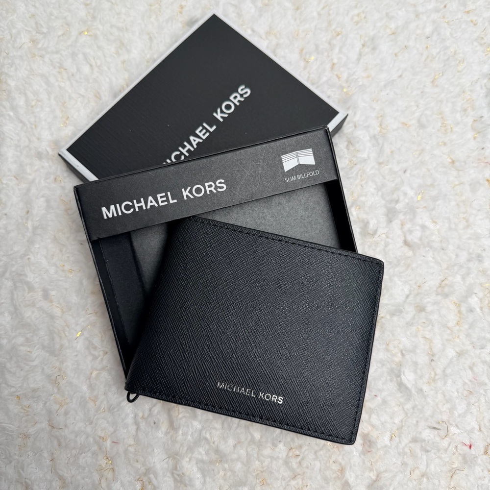 Michael Kors Mens Slim Billfold Wallet Black Leather Bifold‎ 36H9LGFN5V New